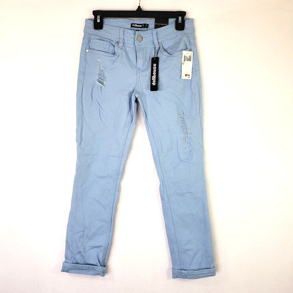 Dollhouse Charley Distressed Ankle Denim Jeans Powder Blue Ripped‎ Cuffed Size 7